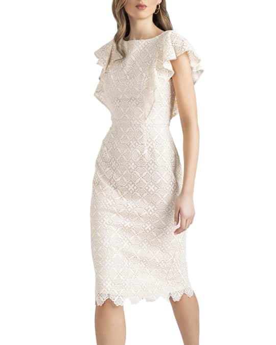 tea length wedding dress with lace overlay Bateau 3/4 Sleeve Knee-Length Ivory Lace Satin Wedding Dress