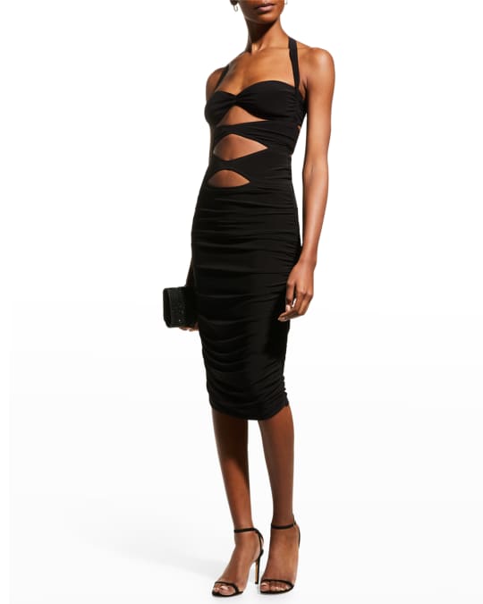 Norma Kamali Peekaboo Cutout Ruched Halter Dress | Neiman Marcus