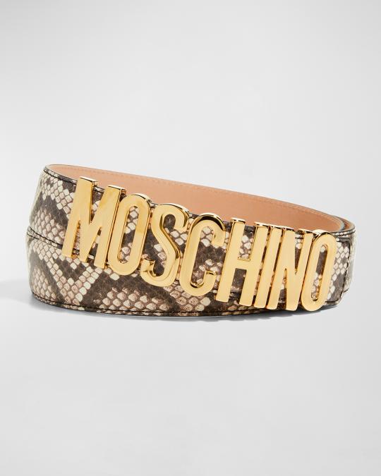 Moschino Men's Python Print Leather Logo Belt | Neiman Marcus
