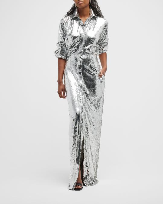 brandon maxwell sequin dress Brandon Maxwell Sequin Long Sleeve Shirtdress Gown In Silver - 40% Off