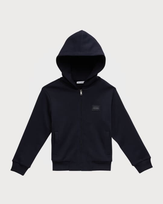Boy's Logo-Plaque Zip-Front Hoodie, Size 4-6