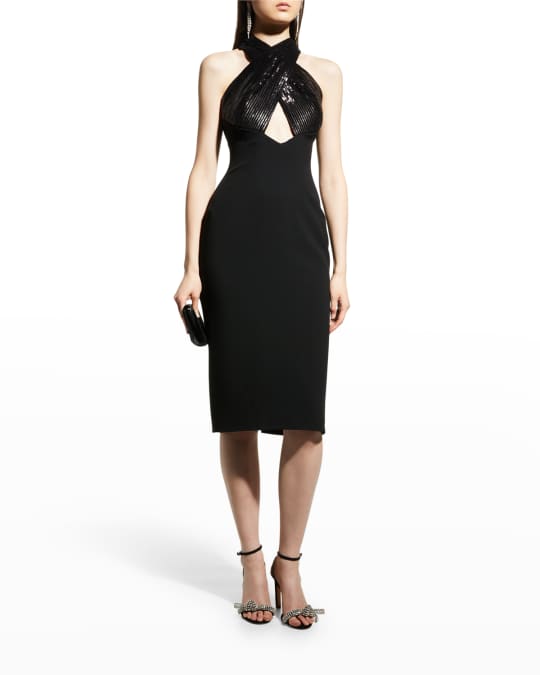 Pamella Roland Sequin Crossover Halter Bow Back Crepe Midi Dress