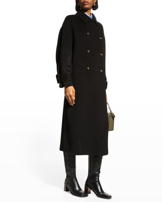 Leather Accent Double Wool Coat - Luxury Black