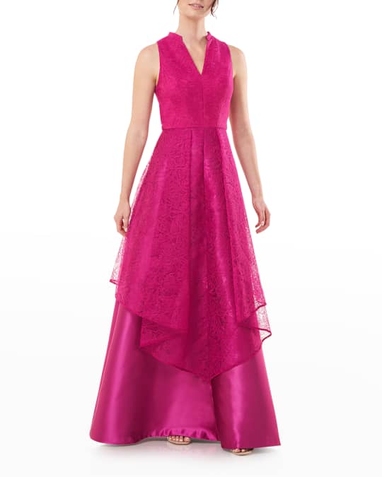Kay Unger New York Pleated Lace Overlay Gown | Neiman Marcus