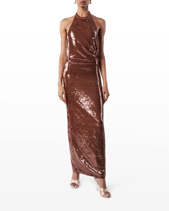knee length dresses for ladies Alix red halterneck draped satin maxi dress