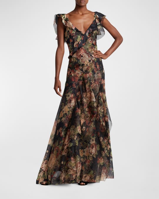 Ralph Lauren Collection Brienne Floral Ruffled Dress | Neiman Marcus