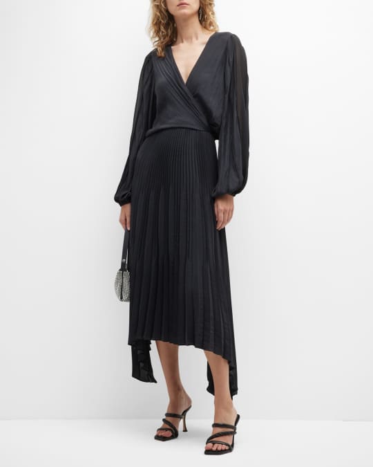 Ramy Brook Sadie Long-Sleeve Pleated Midi Dress | Neiman Marcus