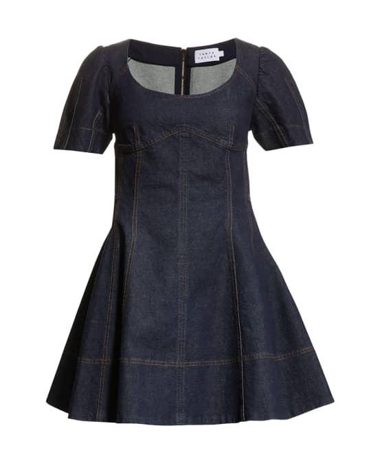 Tanya Taylor Mia Fit-&-Flare Mini Topstitched Denim Dress | Neiman Marcus