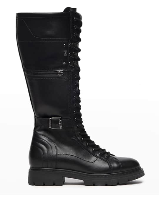 NeroGiardini Calfskin Buckle Lace-Up Moto Boots | Neiman Marcus