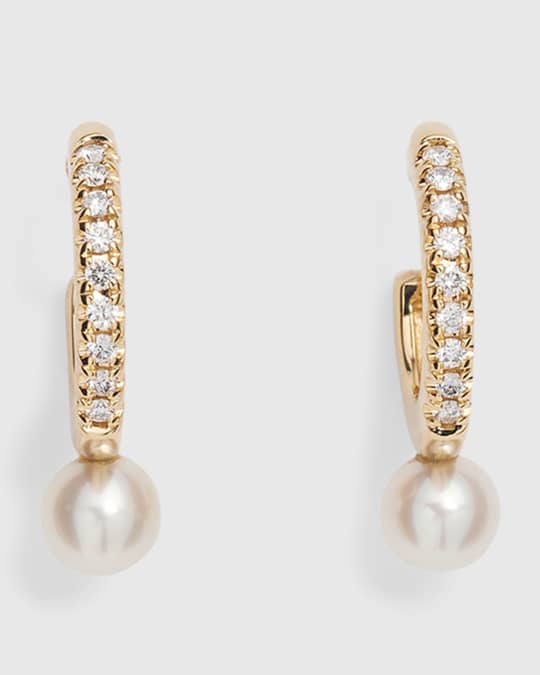 14k Gold and Diamond Small Hoop Earrings with Pearls
