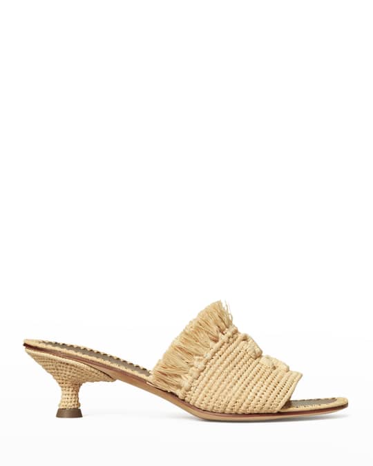 Tory Burch Eleanor Raffia Double T Slide Sandals | Neiman Marcus
