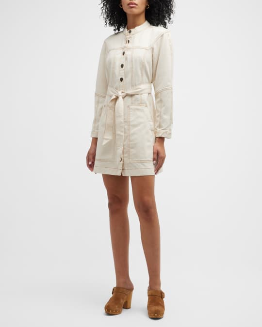 Basia Button-Front Topstitch Mini Denim Dress