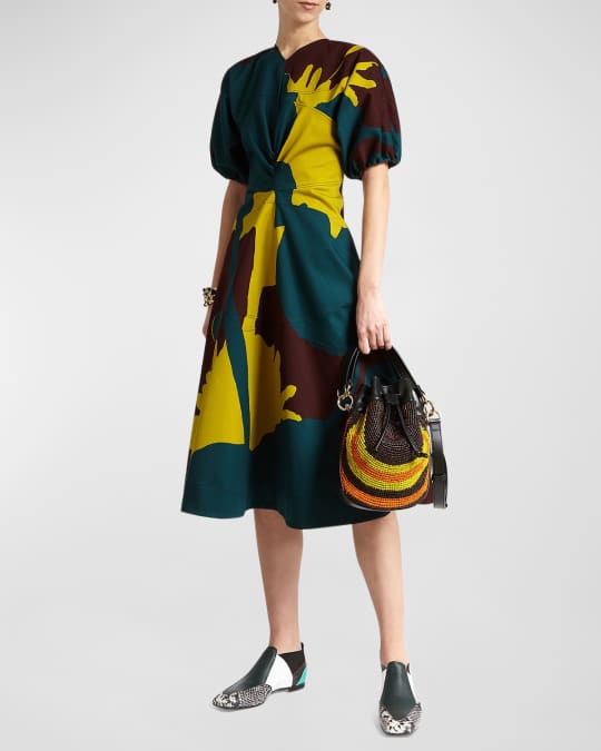 Colville Peeppo Abstract-Print Puff-Sleeve Paneled Midi Dress | Neiman ...
