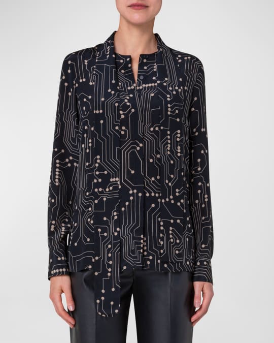Akris punto Circuit Board Print Tie Neck Silk Blouse Neiman Marcus