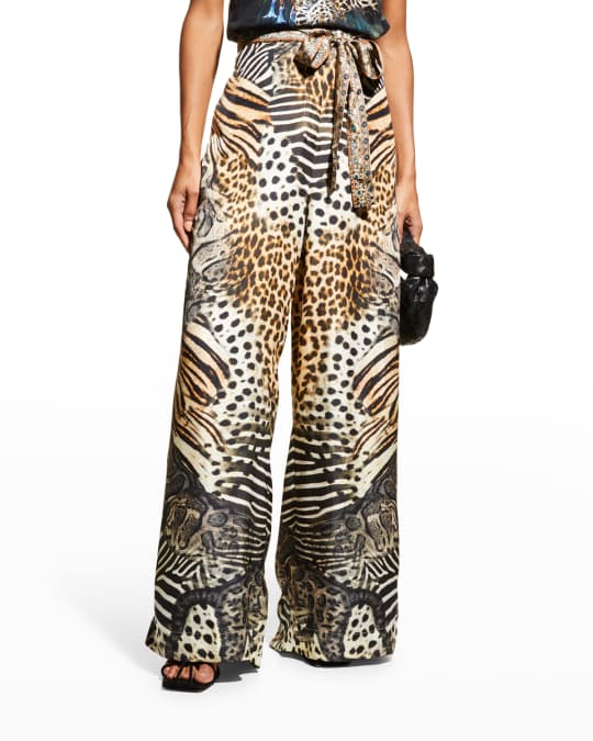 Paperbag Waist Wide-Leg Silk Pants