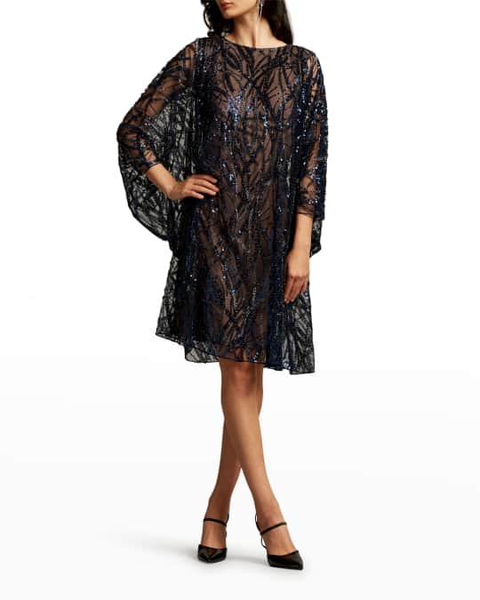 tadashi shoji beaded sequin capelet dress