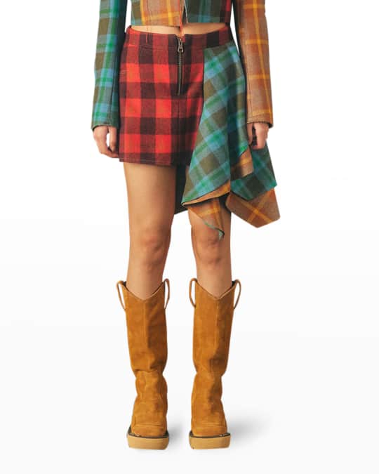 Andersson Bell Plaid Asymmetric Frilled Mini Skirt | Neiman