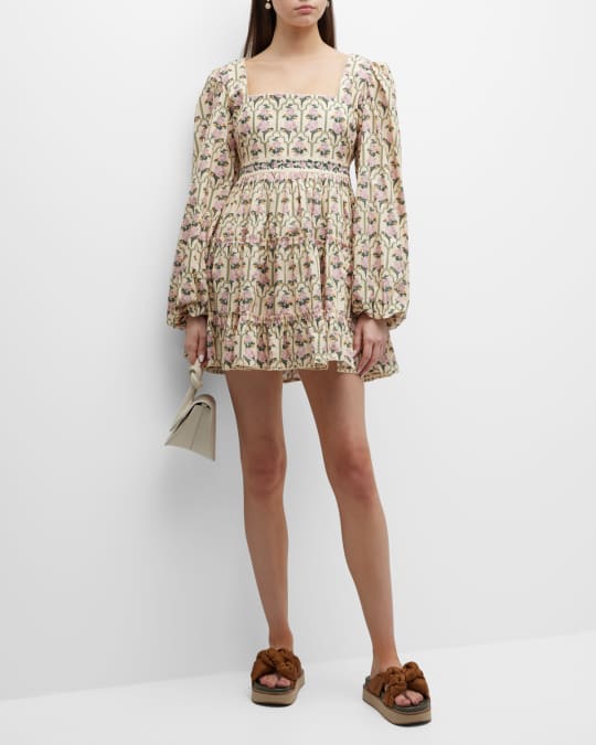 Agua by Agua Bendita Palmera Blouson-Sleeve Floral Poplin Mini Dress |  Neiman Marcus