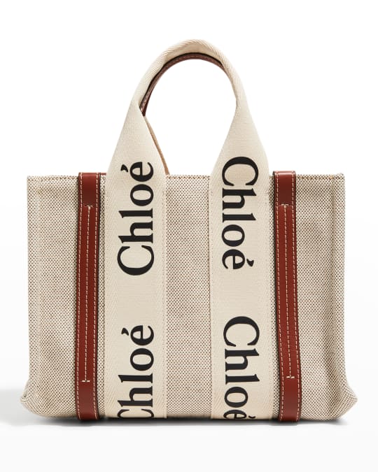 Chloe Woody Small Tote Bag in Linen with Crossbody Strap | Neiman Marcus