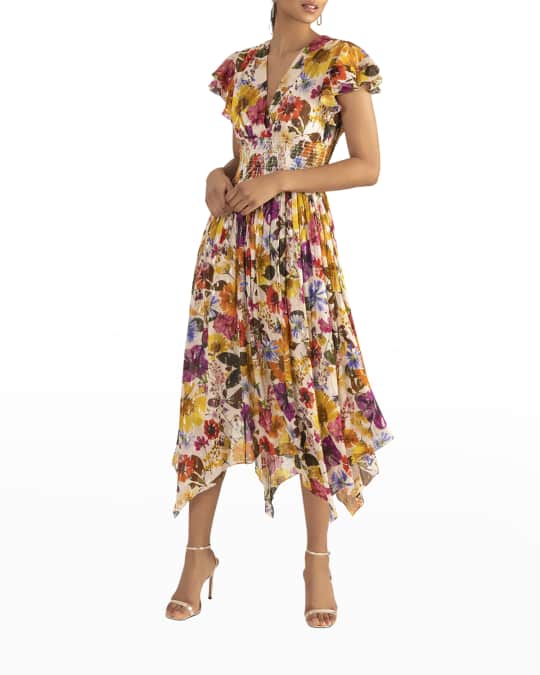 Shoshanna Smocked Floral-Print Handkerchief Dress | Neiman Marcus