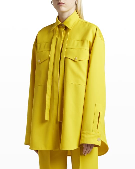 Jil Sander Neck-Tie Wool Gabardine Shirt | Neiman Marcus