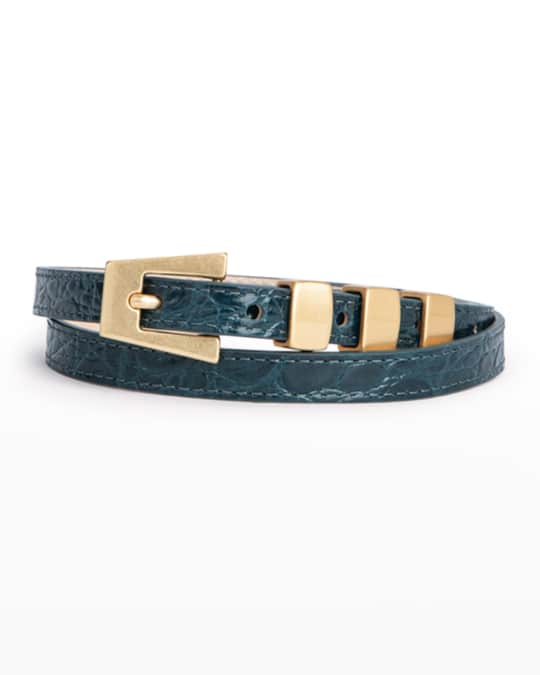 BY FAR Vic Croc-Embossed Leather Skinny Belt | Neiman Marcus