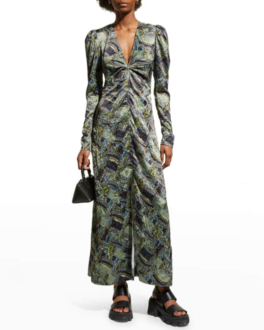 Ganni Paisley Crinkled Satin Maxi Dress with Front Slit | Neiman Marcus