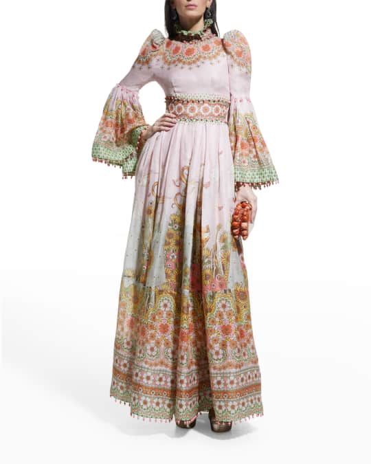 Zimmermann Floral Bell-Sleeve A-Line Gown with Beaded Trim | Neiman Marcus