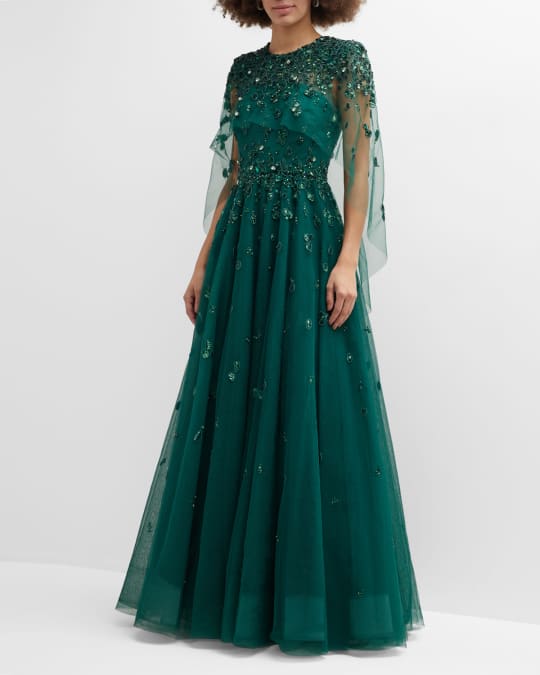 Jenny Packham Charming Embellished Gown w Cape Detail Neiman Marcus