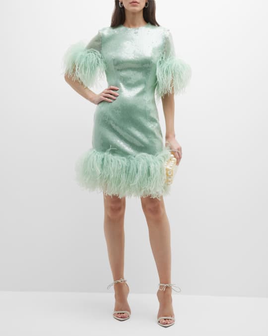 16ARLINGTON Syrma Feather-Trim Sequin Mini Dress | Neiman Marcus
