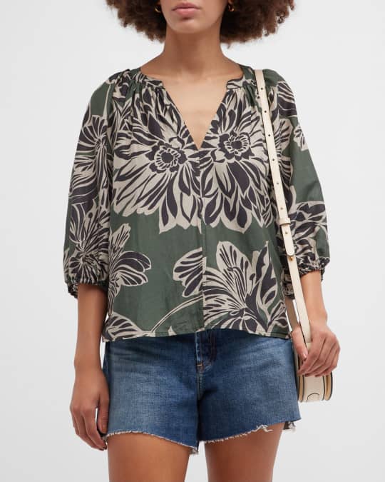 Velvet Paola Split-Neck Floral Top | Neiman Marcus