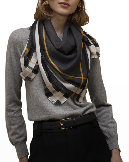 Johnstons Of Elgin Check Border Merino Wool-Blend Scarf | Neiman Marcus