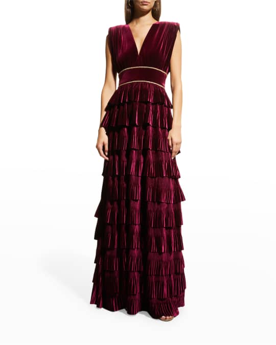 Bronx and Banco Ruffled Rhinestone-Embellished Velvet Gown | Neiman Marcus