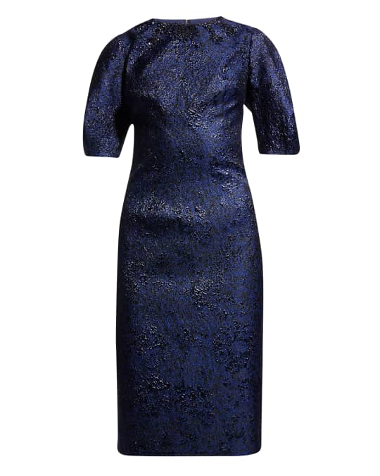 rickie freeman for teri jon puff-sleeve jacquard cocktail dress Metallic Jacquard Floral Puff Sleeve Dress