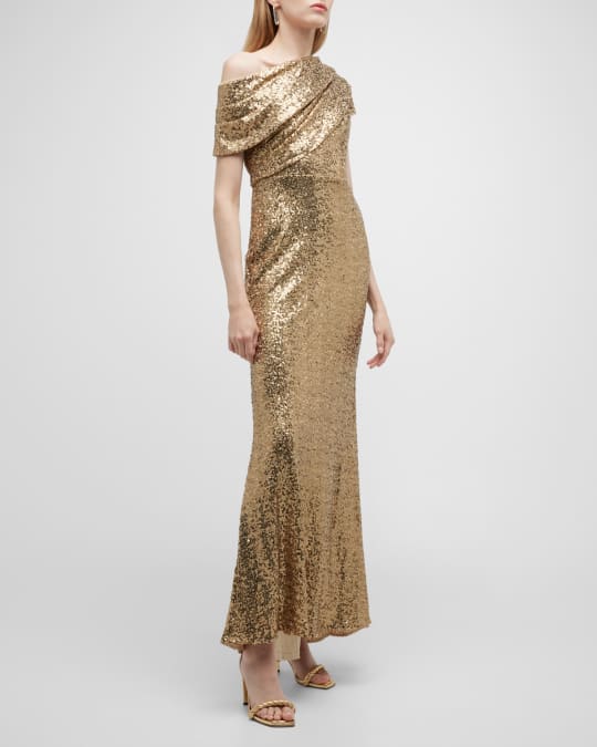 slim fit dress slacks Mac Duggal - Gold Sequin High Neck Cap Sleeve A Line Gown main image 0