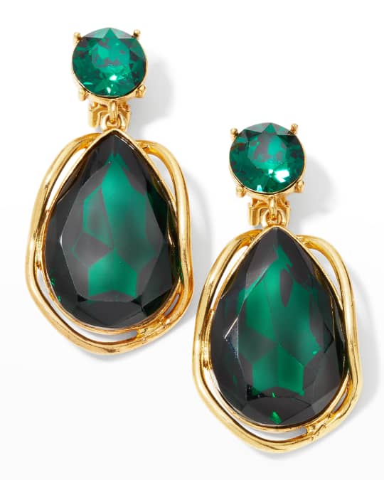 Kenneth Jay Lane Light Antique Gold with Round Emerald Top Emerald Teardrop Clip Earrings Neiman Marcus