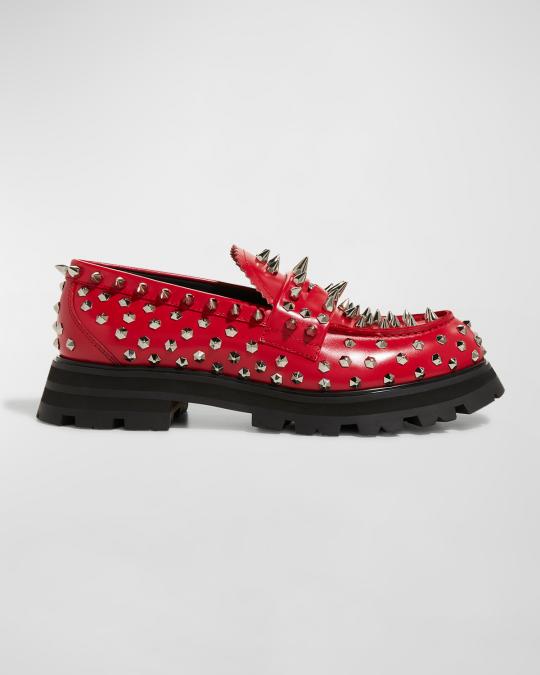 McQueen Men's Spike-Embellished Leather Penny Loafers | Neiman Marcus