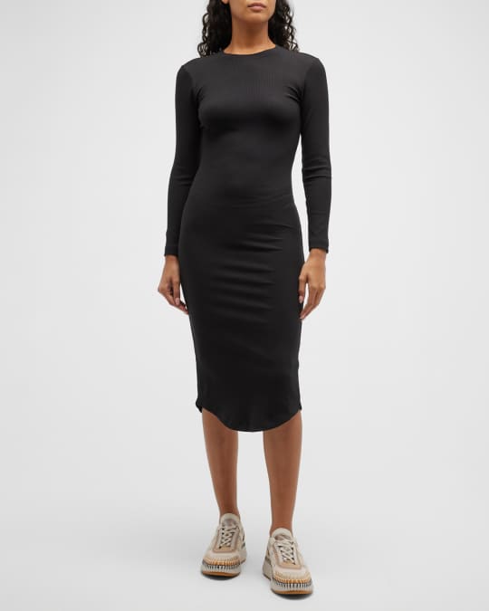 Black Long Sleeve Rib Midi Dress
