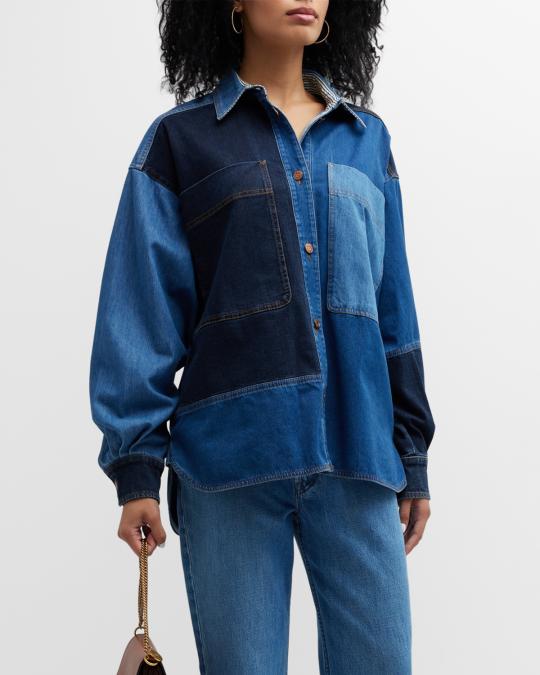 See by Chloe Deadstock Patchwork Button-Front Denim Shirt | Neiman 