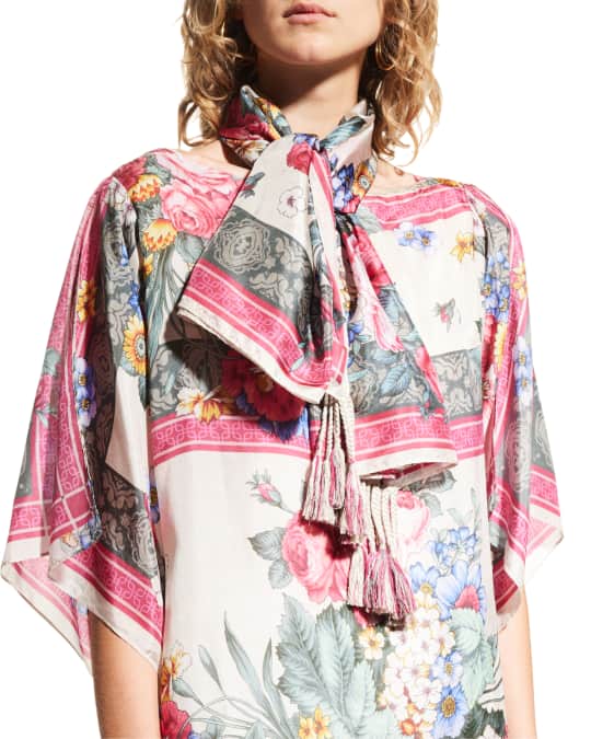 Johnny Was Sistine Floral Print Silk Scarf w Tassels Neiman Marcus