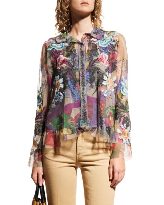 Johnny Was Zell FloralEmbroidered Printed Mesh Blouse Neiman Marcus