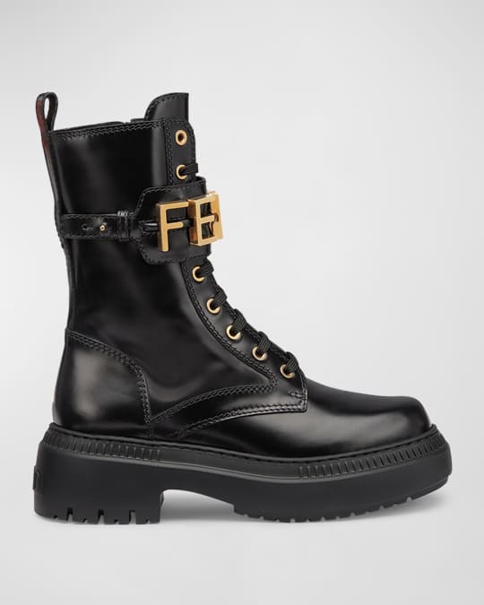 フェンディ Fendigraphy カーフレザー アンクル バイカーブーツ FENDI 【美品】フェンディ FF柄 フォース レースアップアンクル