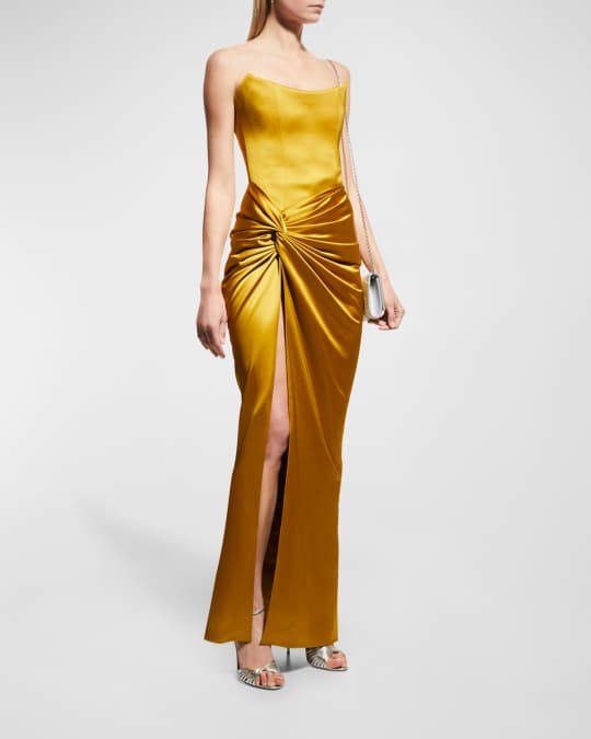 Rasario Twisted Thigh-Slit Satin Corset Gown | Neiman Marcus