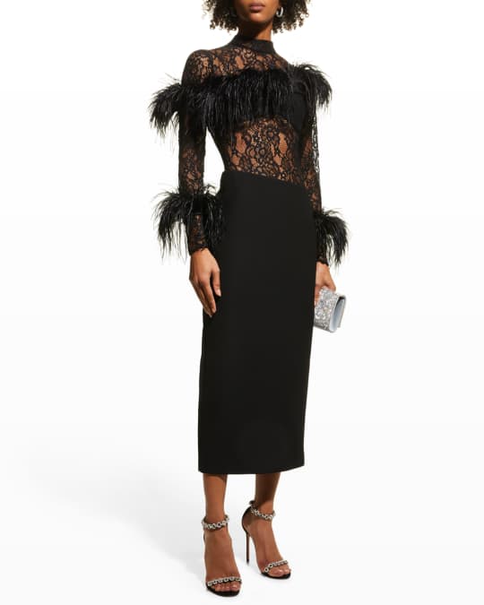 Rasario Asymmetric Feather-Trim Lace-Insert Crepe Midi Dress | Neiman Marcus