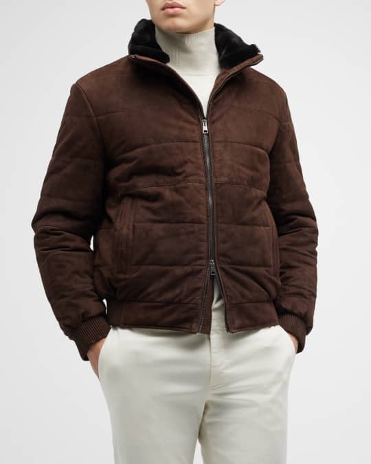 Men s Suede Puffer Jacket with Shearling Lined Collar