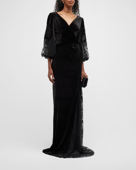 Rickie Freeman for Teri Jon Velvet Lace Embroidered Column Gown Neiman Marcus