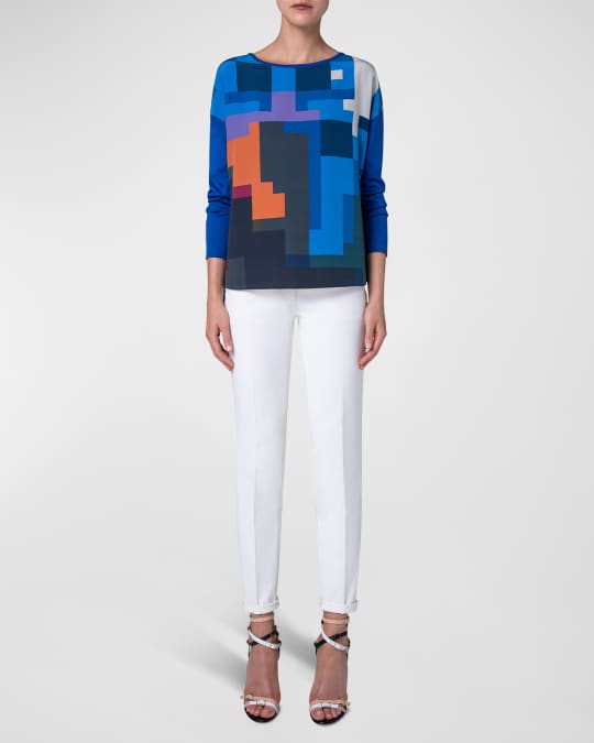 Akris Blue Flowers At Home Printed Silk Pullover Neiman Marcus