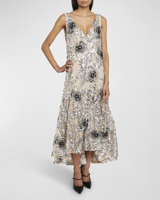 Eberta Floral Sequin Organza High Low Midi Dress