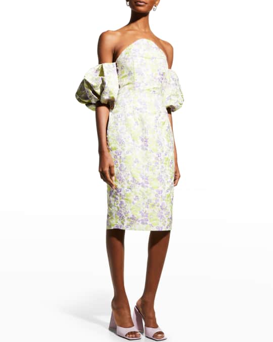 Off Shoulder Jacquard Puff Sleeve Midi Dress