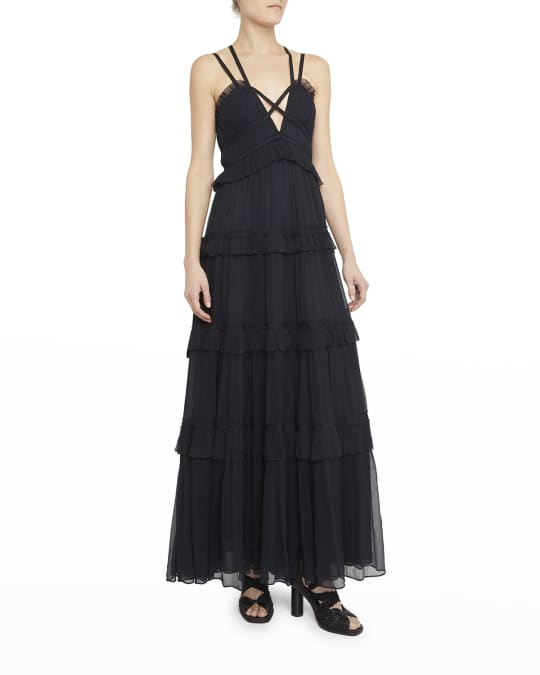 Agathe Crisscross Bodice Tiered Ruffle Chiffon Gown